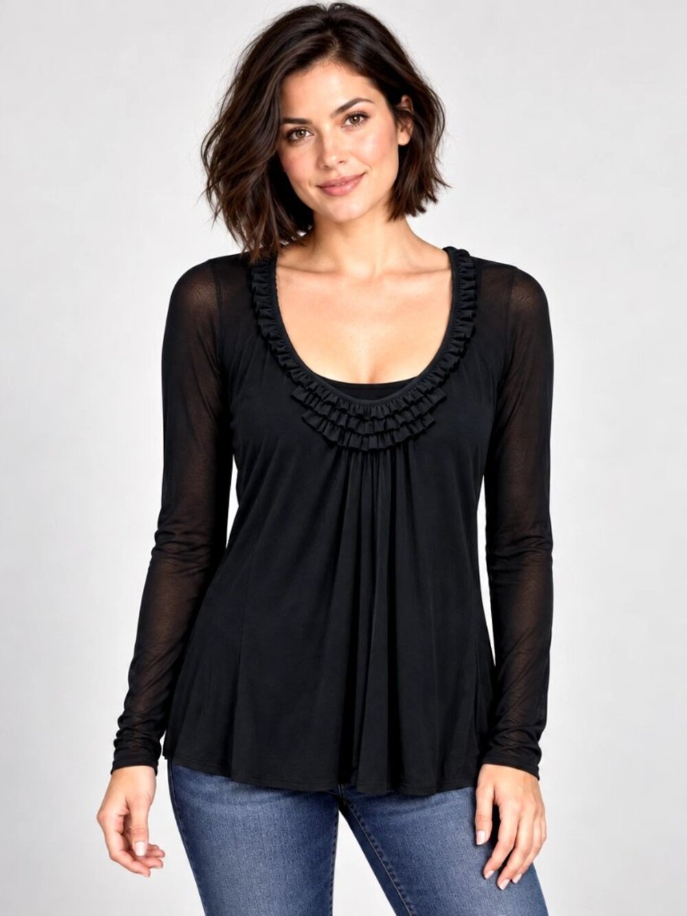Burberry London Womens S Black Semi-Sheer Ruffle Scoop Neck Long Sleeve Top